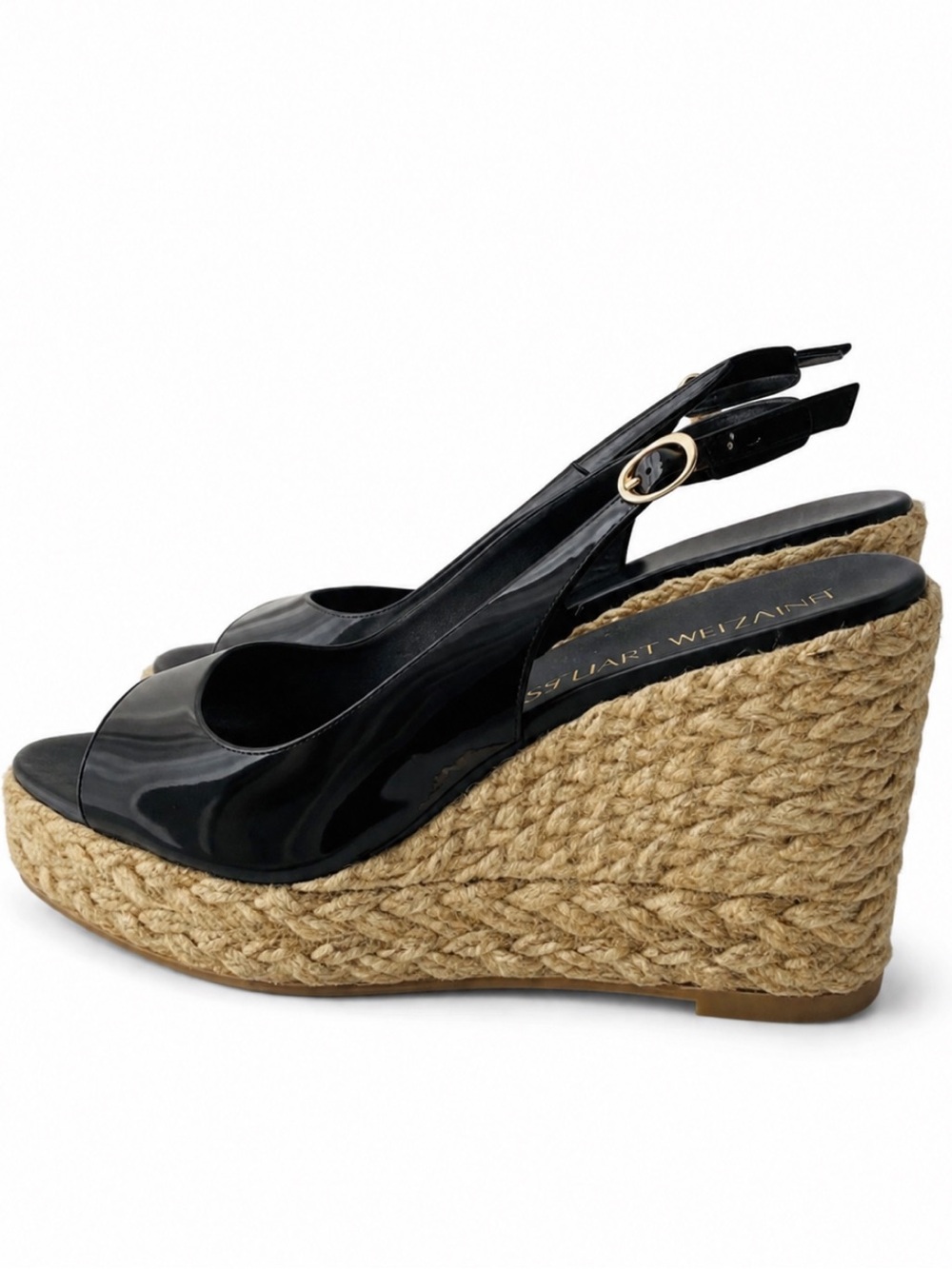 STUART WEITZMAN Island Espadrille Black Patent Leather Platform Slingback Wedges
